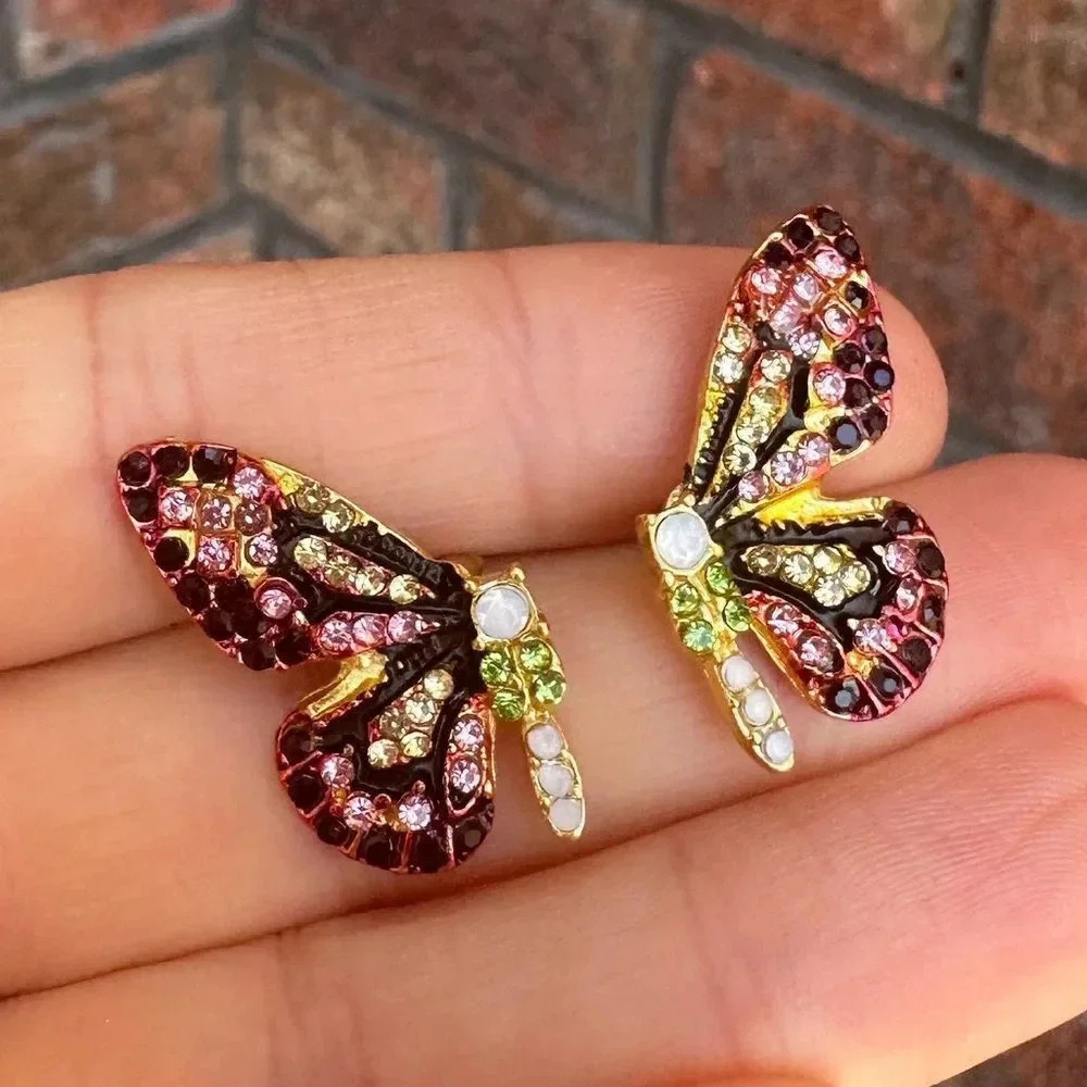 Flutterby Butterfly Pink Crystal Gold Earrings - Picture 8 of 9
